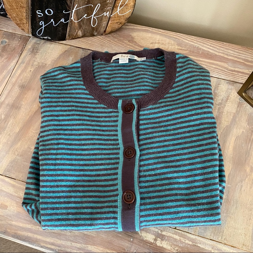 Boden Gray & Teal Striped Button Cardigan